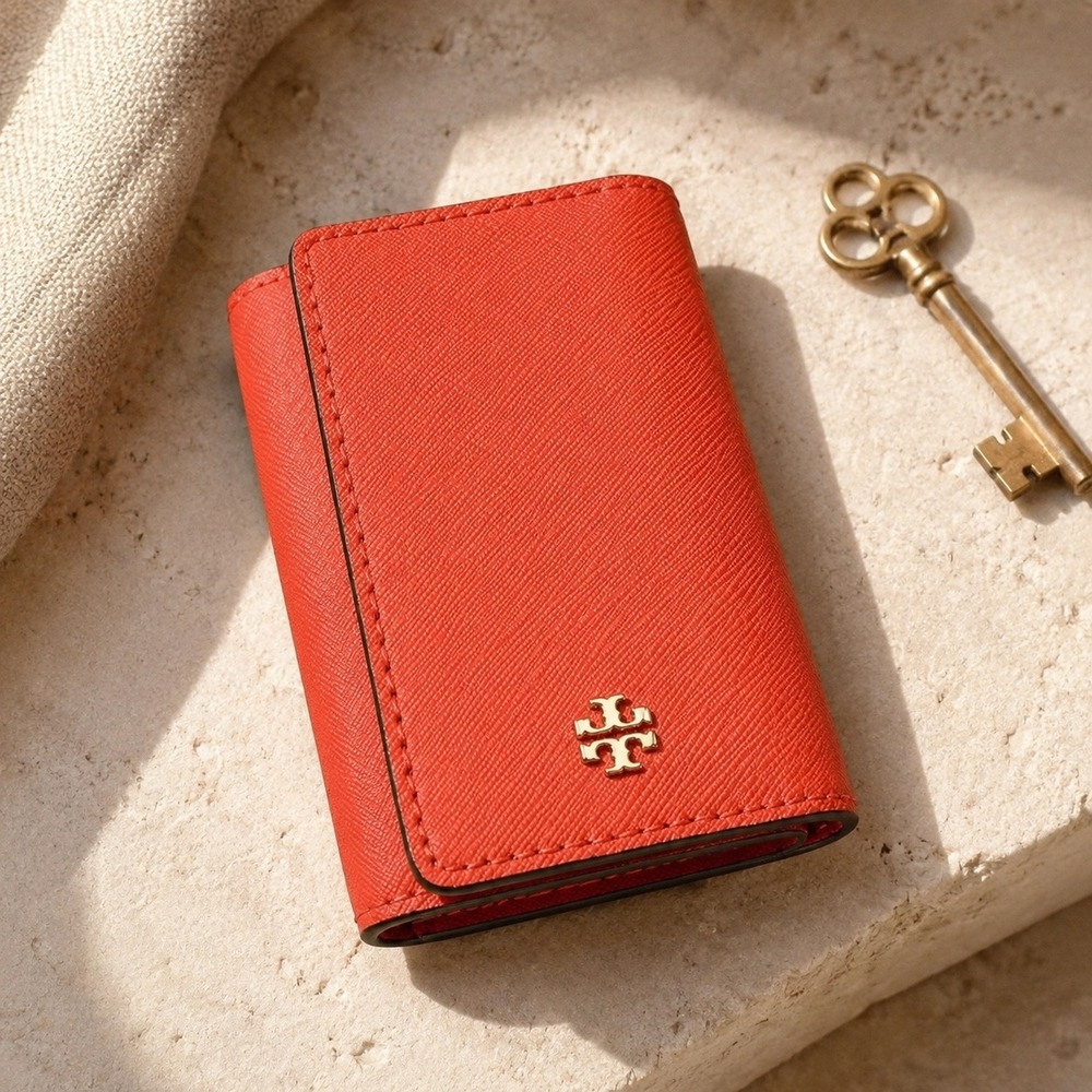 Tory Burch Robinson 6 Key Case Red Saffiano Leather Gold Logo Wallet